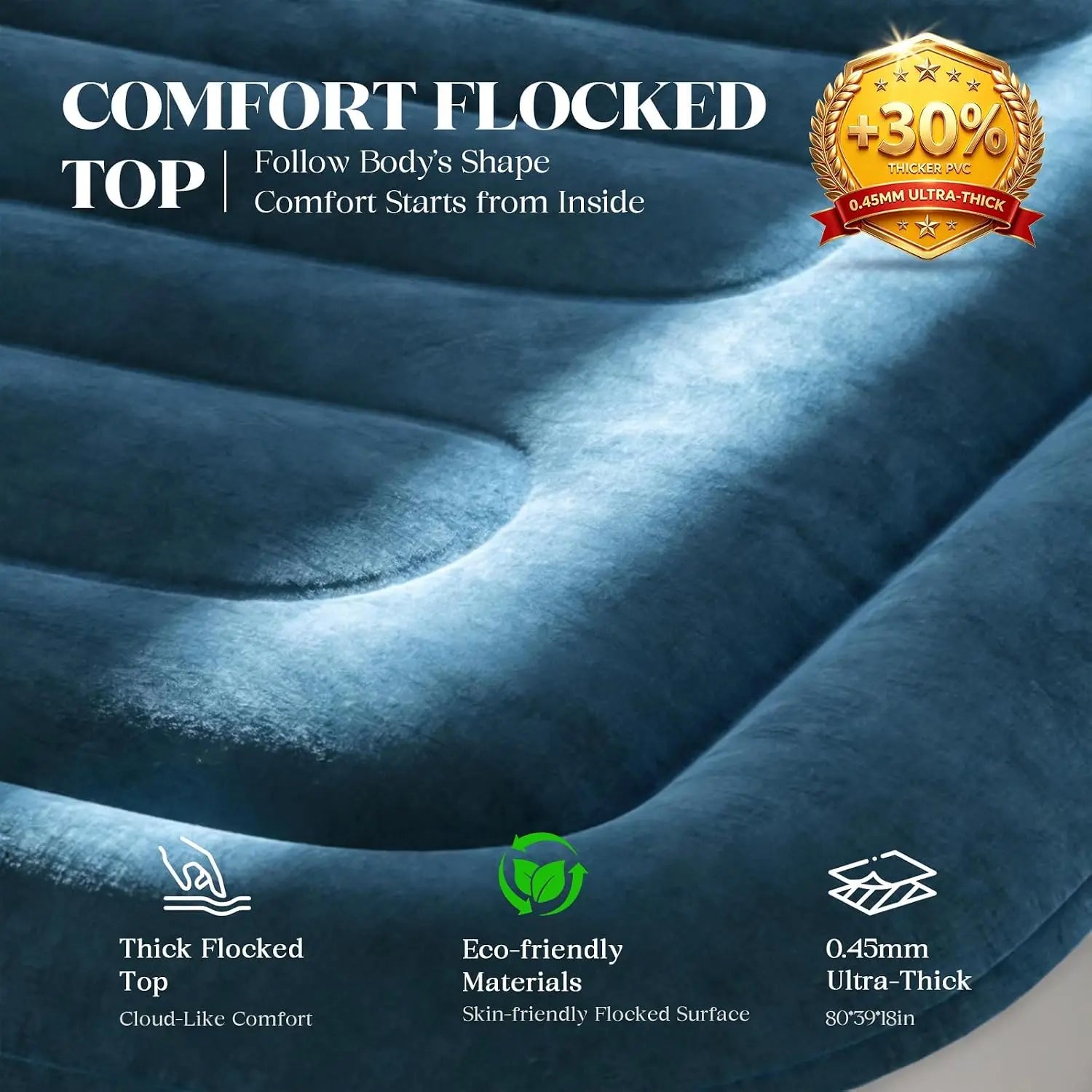 Twin air mattress with built-in pump, blue, 18in raised XL-long, thick flocked top