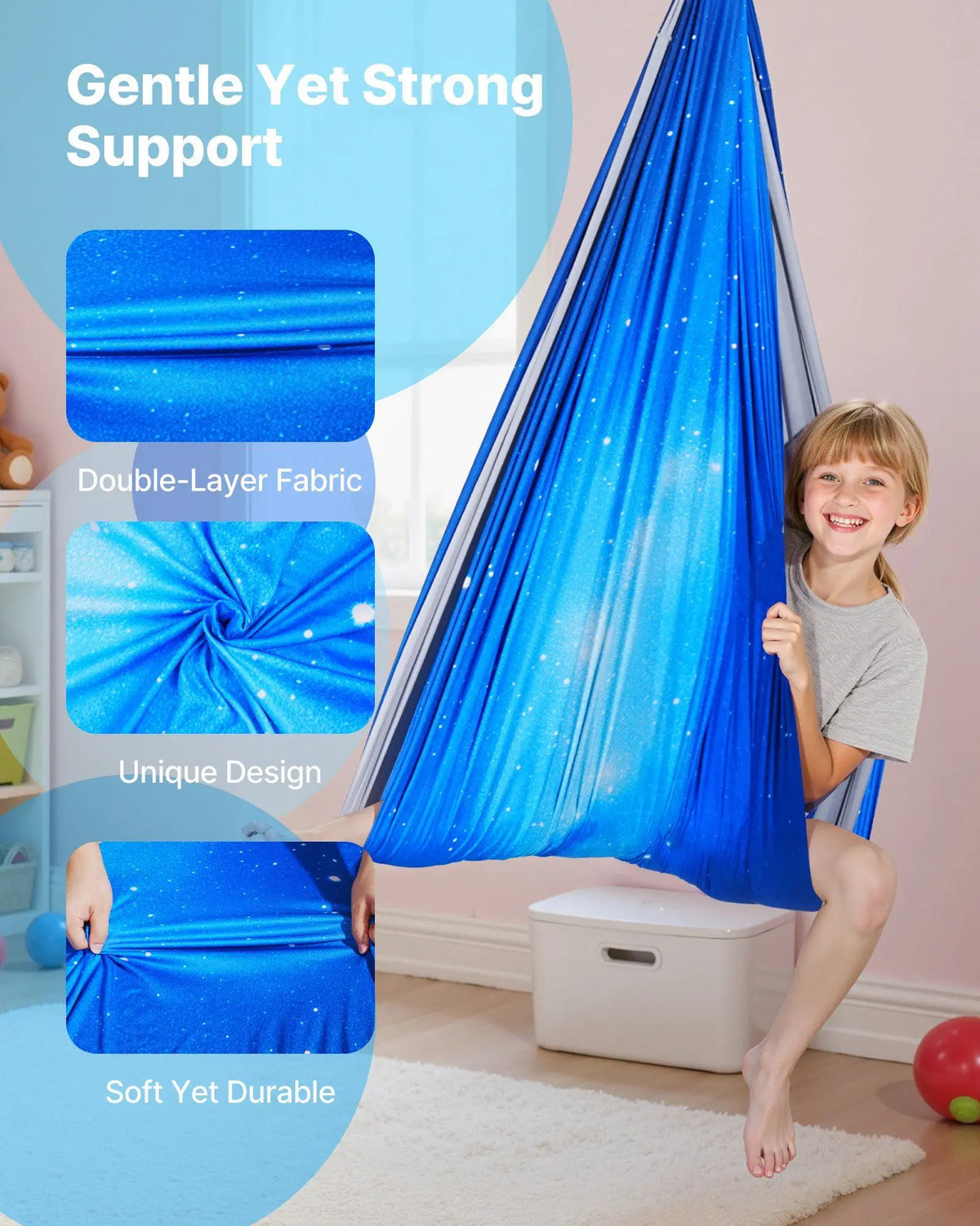 Sensory swing hammock in blue by S And B Enterprise with double-layer fabric and 360° swivel hanger.