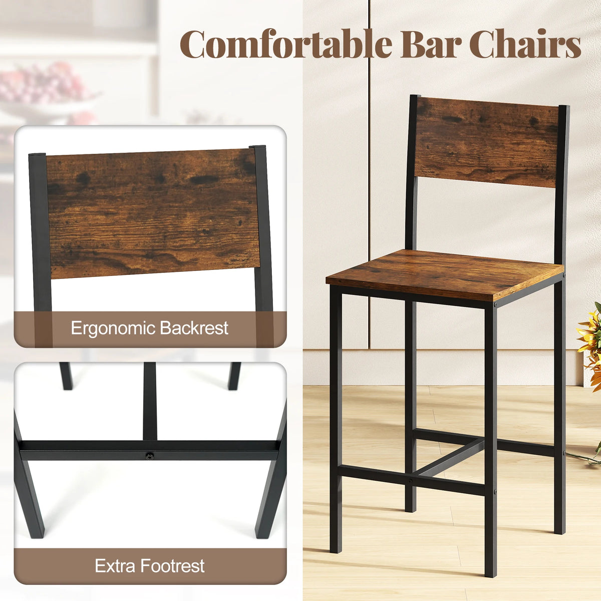 3-piece bar table and two stools set with brown wood tops and black metal frames for small spaces