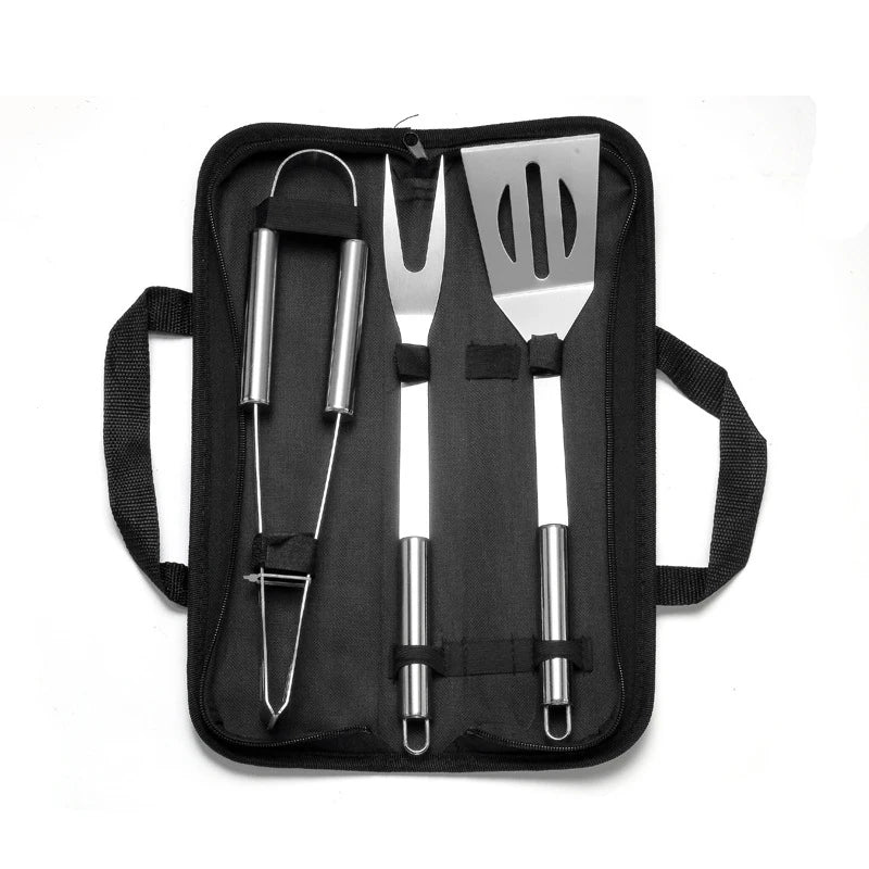 Stainless steel BBQ grill utensil set in a black zip case; includes tongs, fork, and two spatulas.