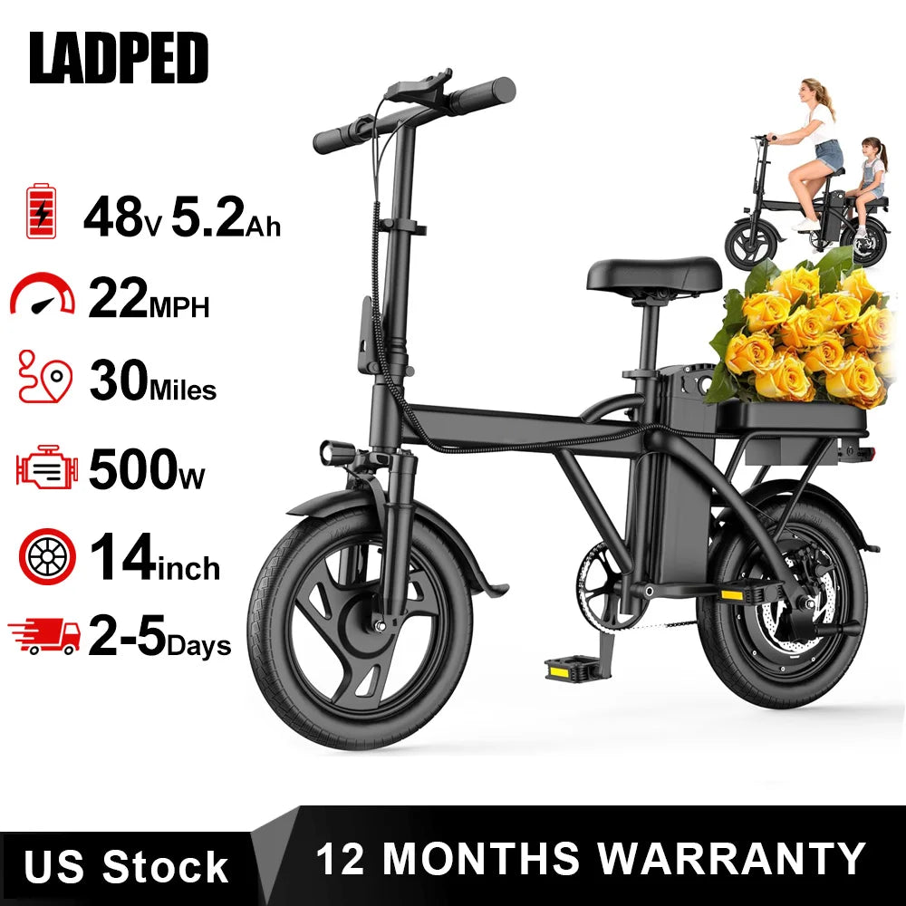 14'' Foldable Electric Bike 500W Motor 48V Battery 22MPH Max Speed 30Miles Long Range with Two Seats for Adult Mini E Bike by S And B Enterprise