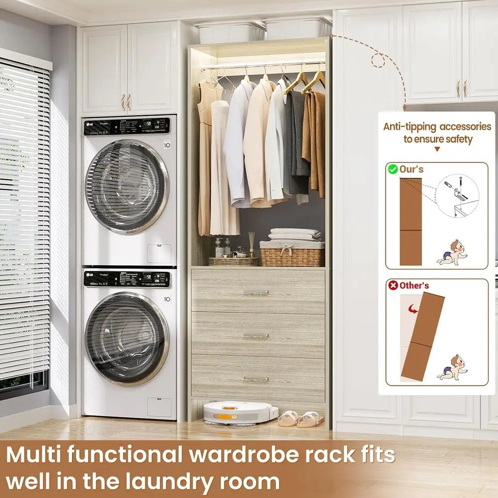 Wood Closet Organizer System With 3 Drawers And Hanging Rods