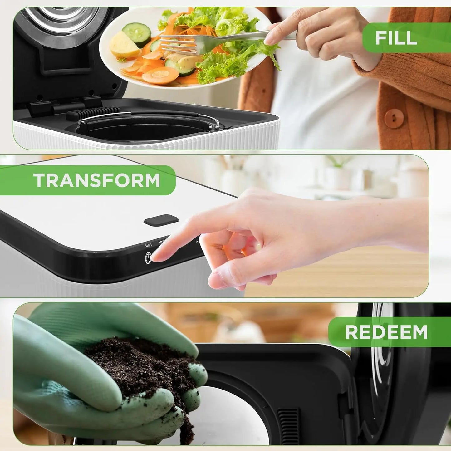 Electric Kitchen Composter With One-Button Operation Odorless Waste Bin
