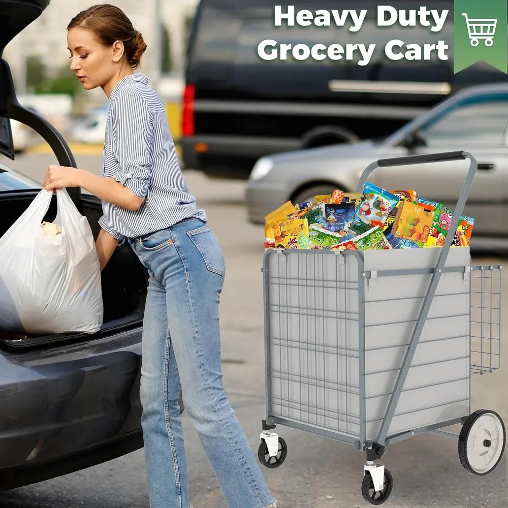 Heavy-Duty Folding Grocery Cart with gray frame and removable bag, 360° swivel wheels, loaded with groceries beside a shopper.