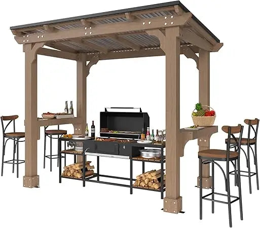 Wooden Grill Gazebo With Sloped Metal Roof And Shelves