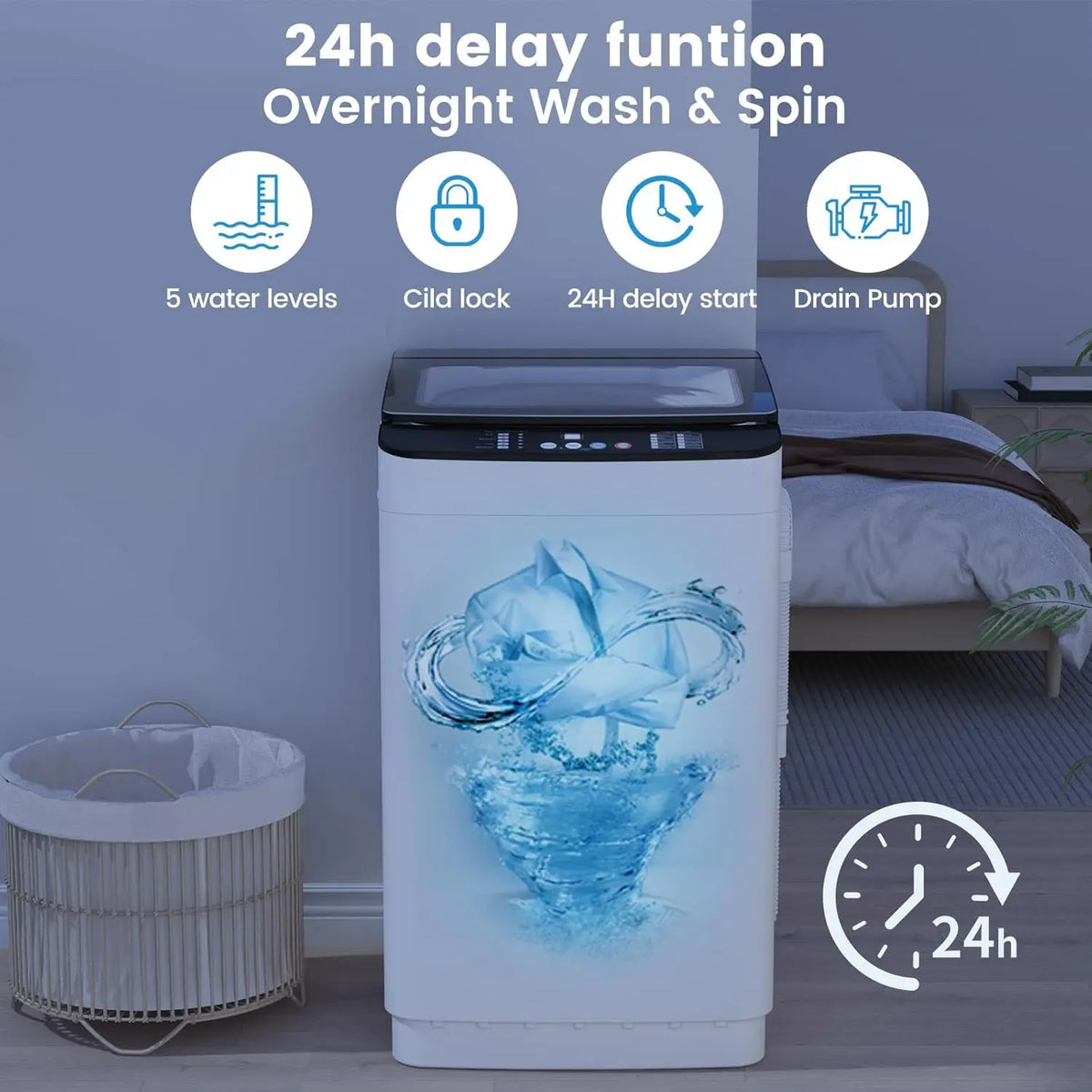 Portable washing machine with white body, black lid control panel, ice-water front graphic, 24h delay start