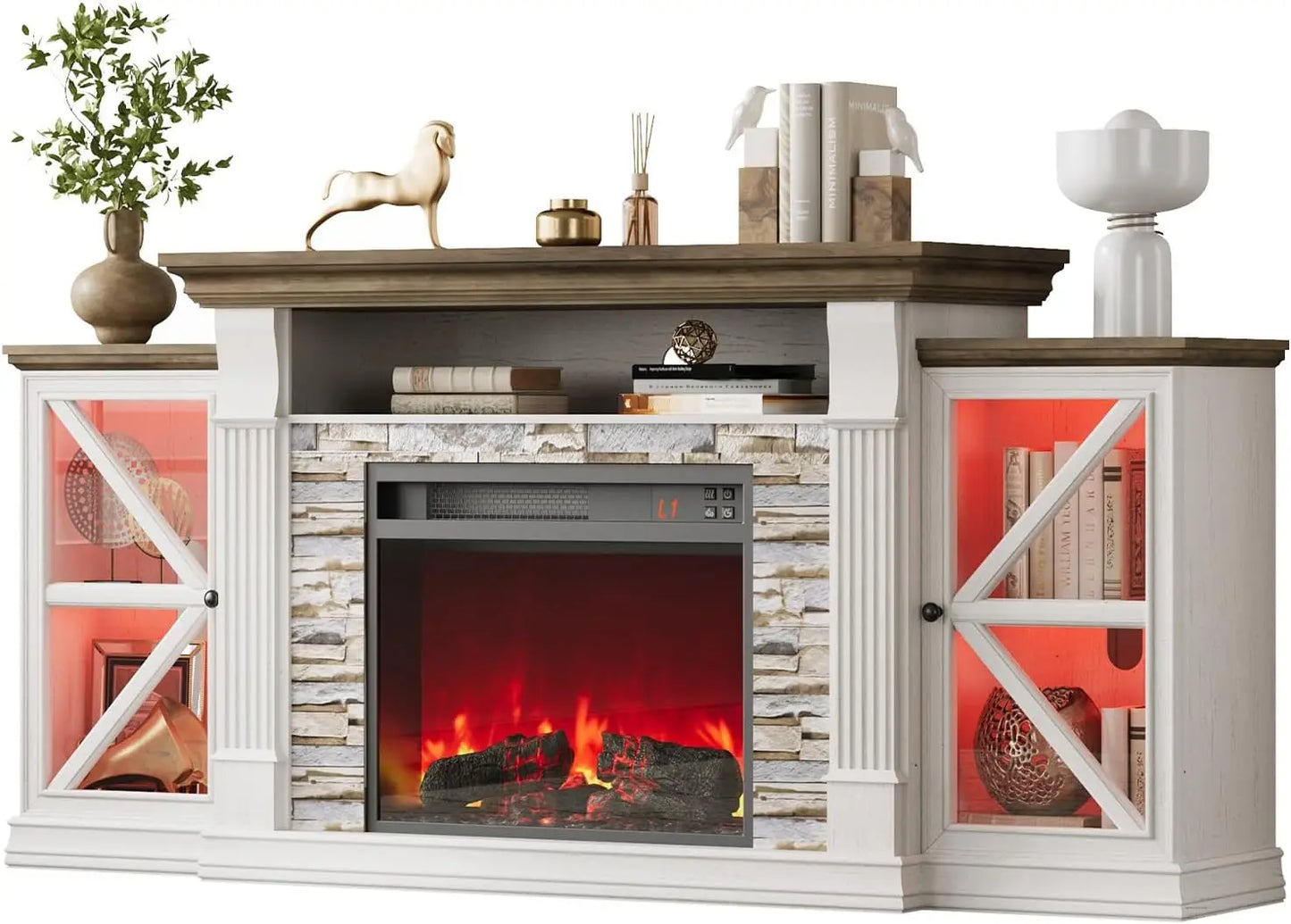 Electric Fireplace TV Stand With Glass Barn Doors And Shelf