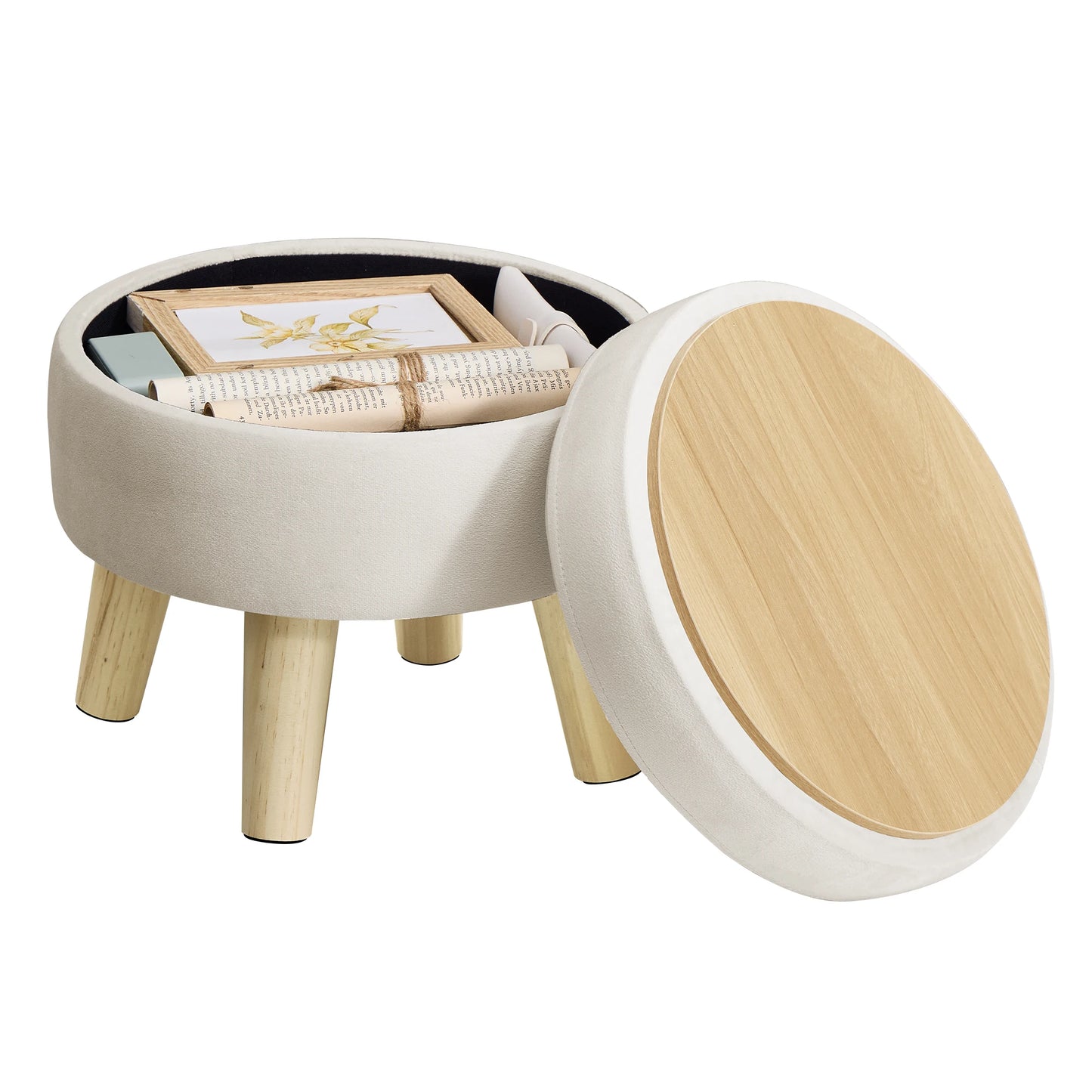 SONGMICS Round Storage Ottoman Foot Stool With Wood Legs by S And B Enterprise