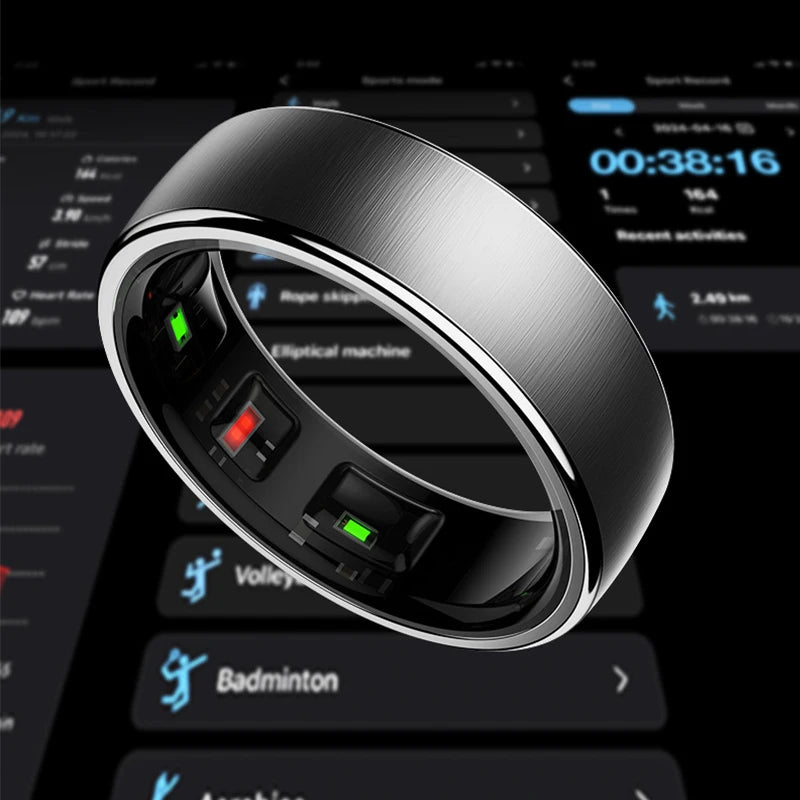 R10 Waterproof Smart Ring by S And B Enterprise; metal black band with green sensors for health and sleep monitoring.