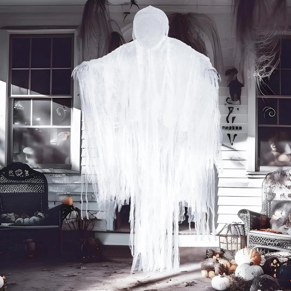 59-inch hanging grim reaper Halloween decoration with white shredded fabric for outdoor porch display