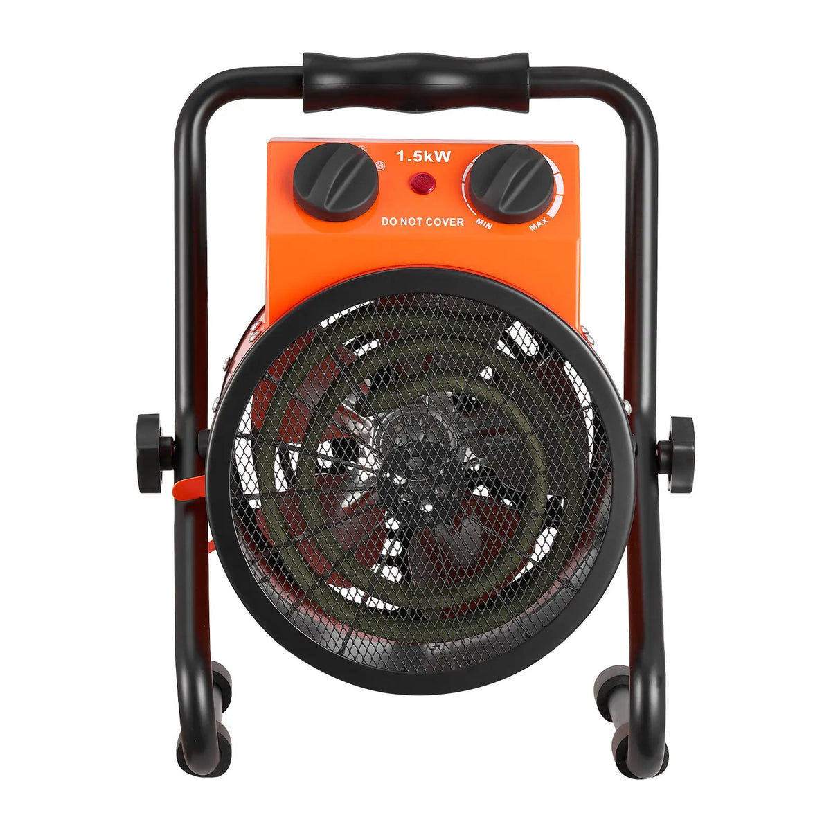 Greenhouse heater with orange housing and dual knobs, 1500W fan-forced heater on a wheeled stand