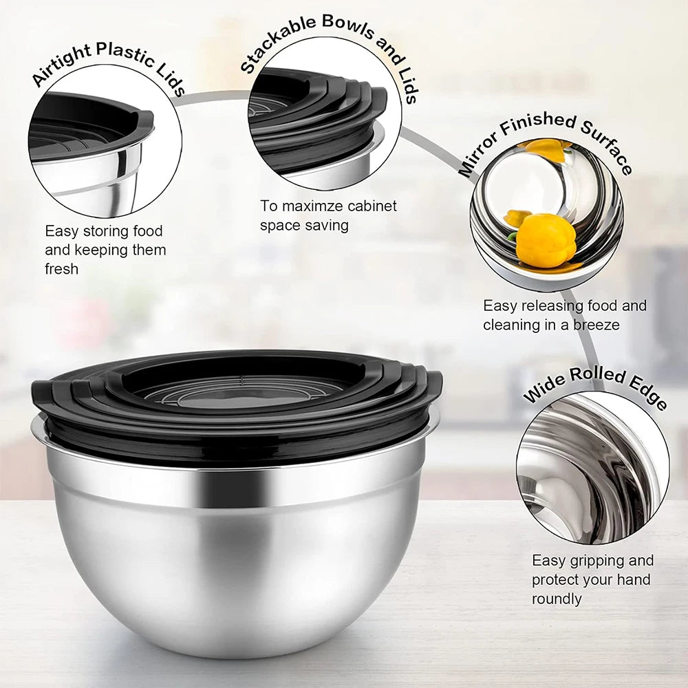 LMETJMA 6 Pcs Stainless Steel Mixing Bowls with Black Lids Kitchen Nesting Salad Mixing Bowl With Non-slip Silicone Bottom JT327 by S And B Enterprise