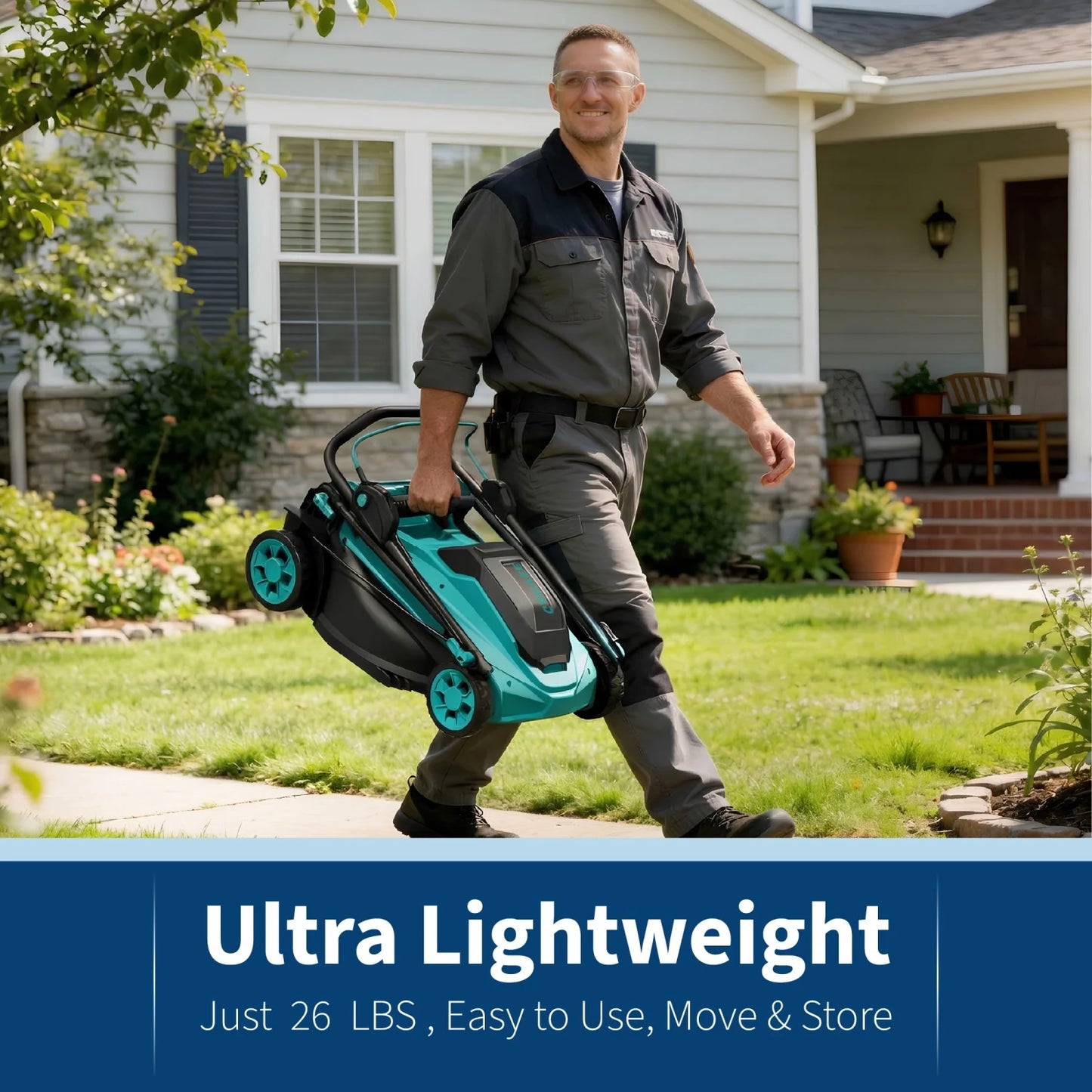 Cordless 17-inch lawn mower in teal with foldable handle, carried by man in front yard