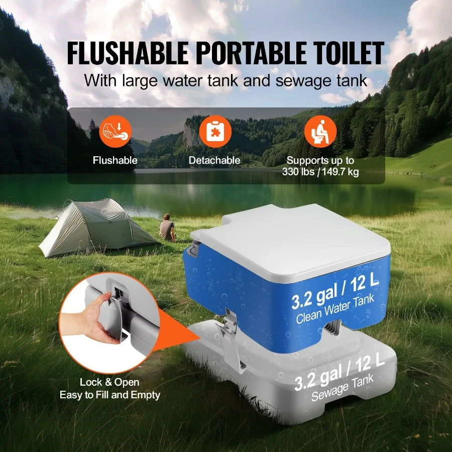 Portable camping toilet with white lid and blue 3.2 gal water tank and gray 3.2 gal waste tank