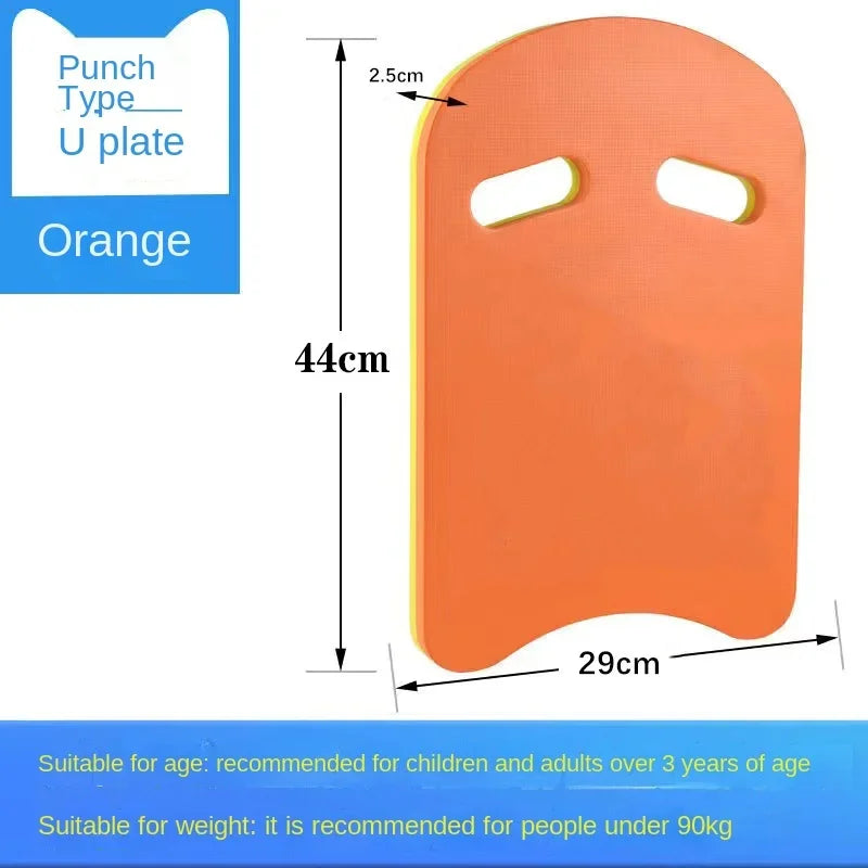 S And B Enterprise orange EVA foam U-shaped kickboard for kids and adults, 44x29 cm pool training accessory.
