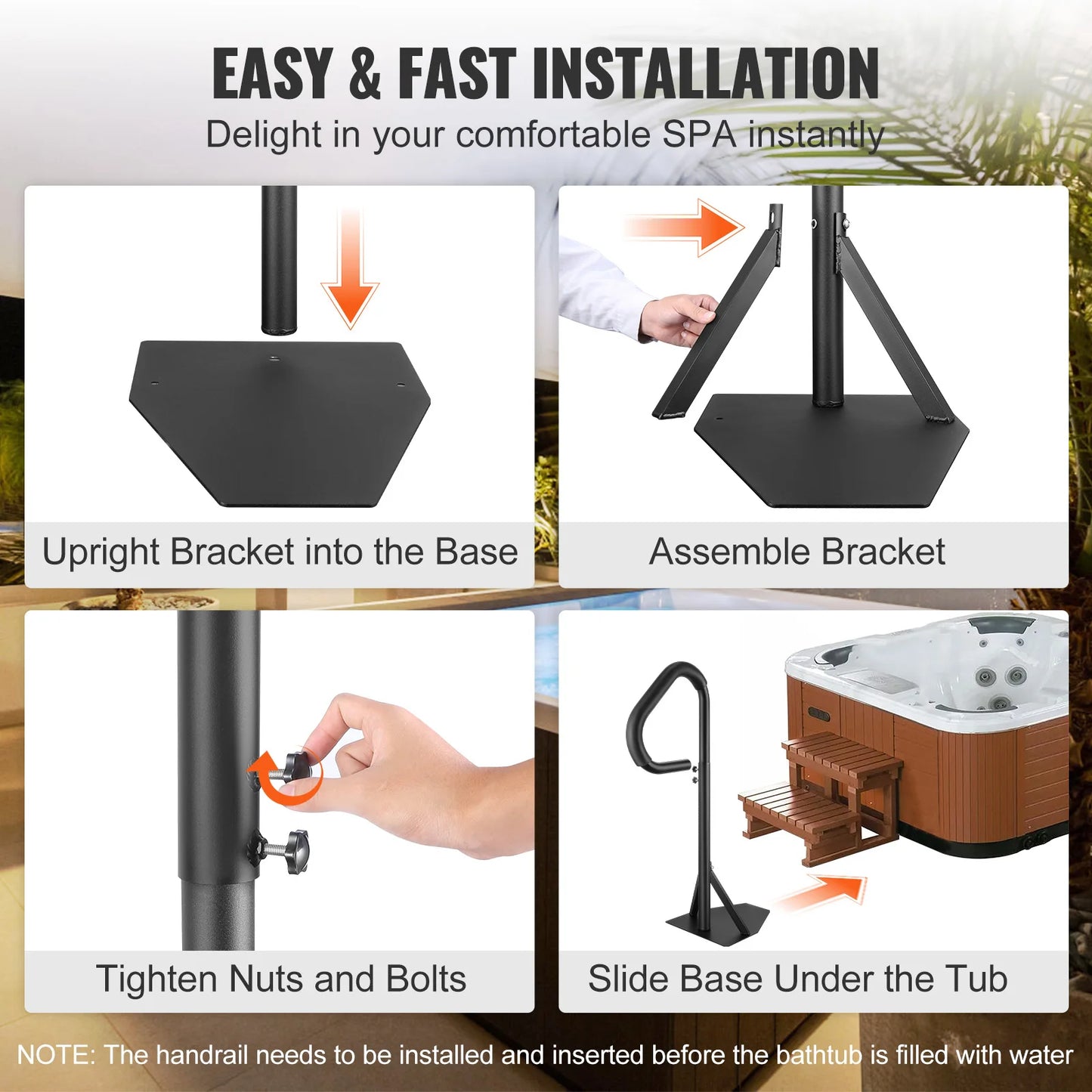 Adjustable 360 Rotating Spa Hand Rail With Slide Under Mount Base