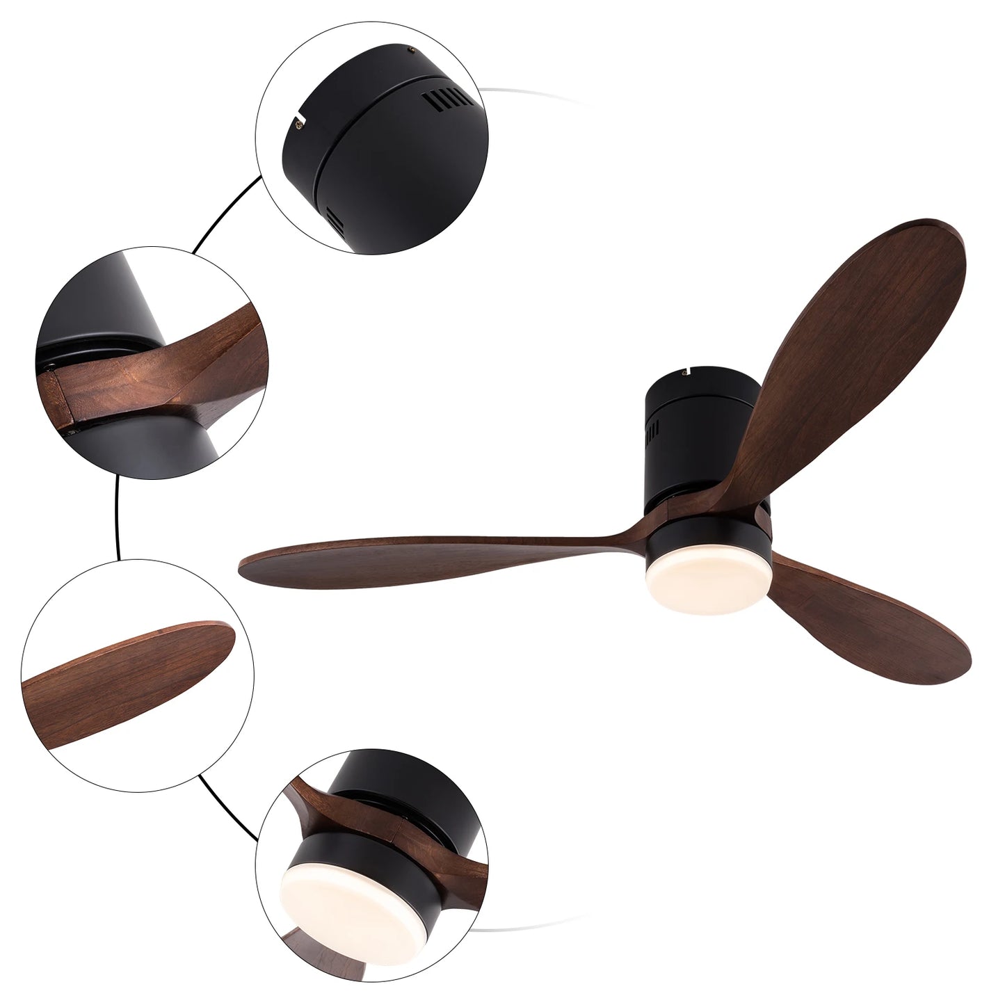 Ceiling fan 52-inch with wooden blades and black motor housing by S And B Enterprise, dimmable LED light