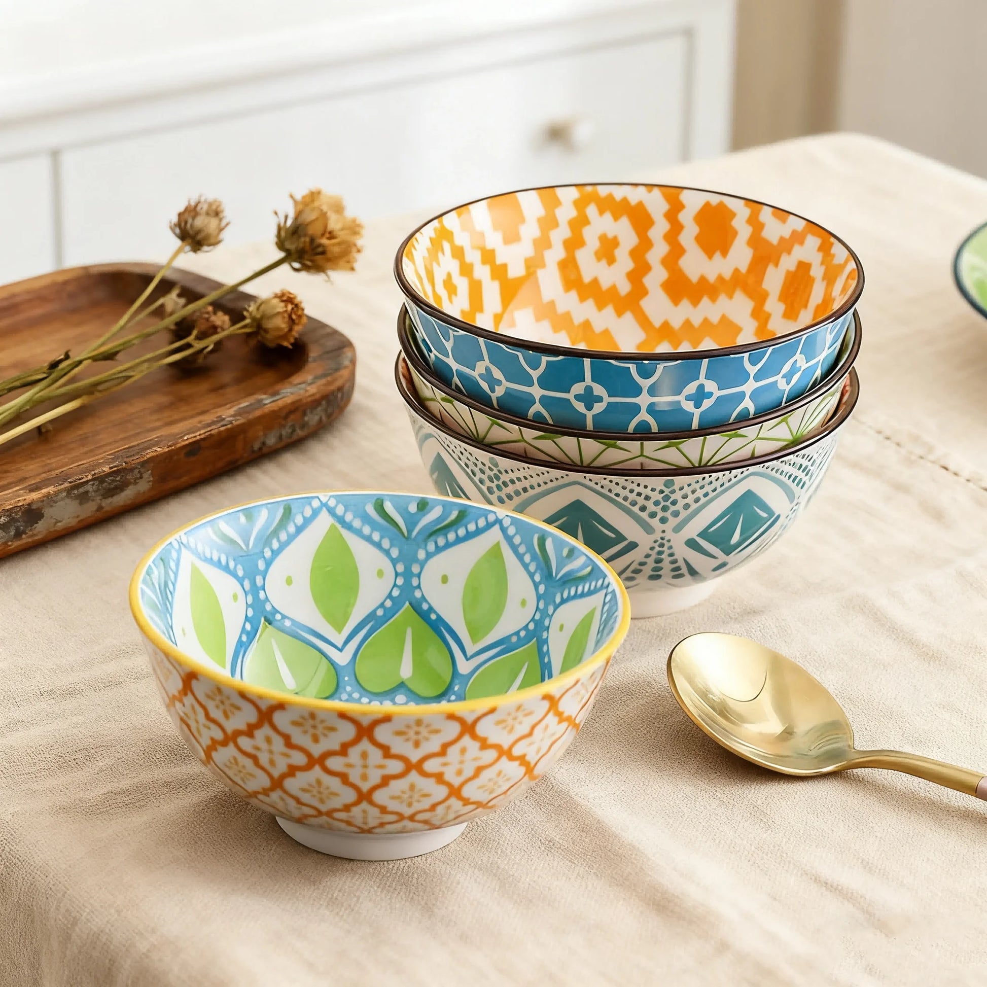 4-Piece Bohemian Ceramic Bowl Set - Salad, Dessert, Soup, Fruit, Appetizer & Snack Nut Bowls, Dishwasher & Microwave Safe by S And B Enterprise