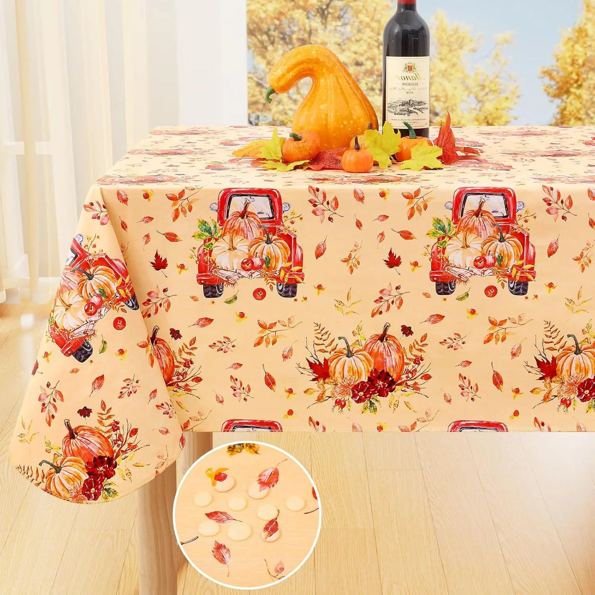 Waterproof Elastic Fitted Tablecloth With Floral Pumpkin Christmas Decor