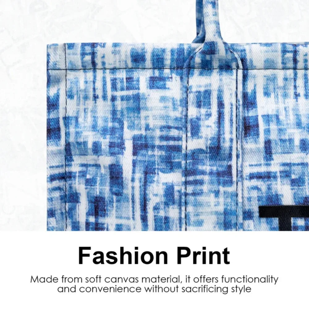 Denim canvas tote bag for women with large capacity and blue abstract print