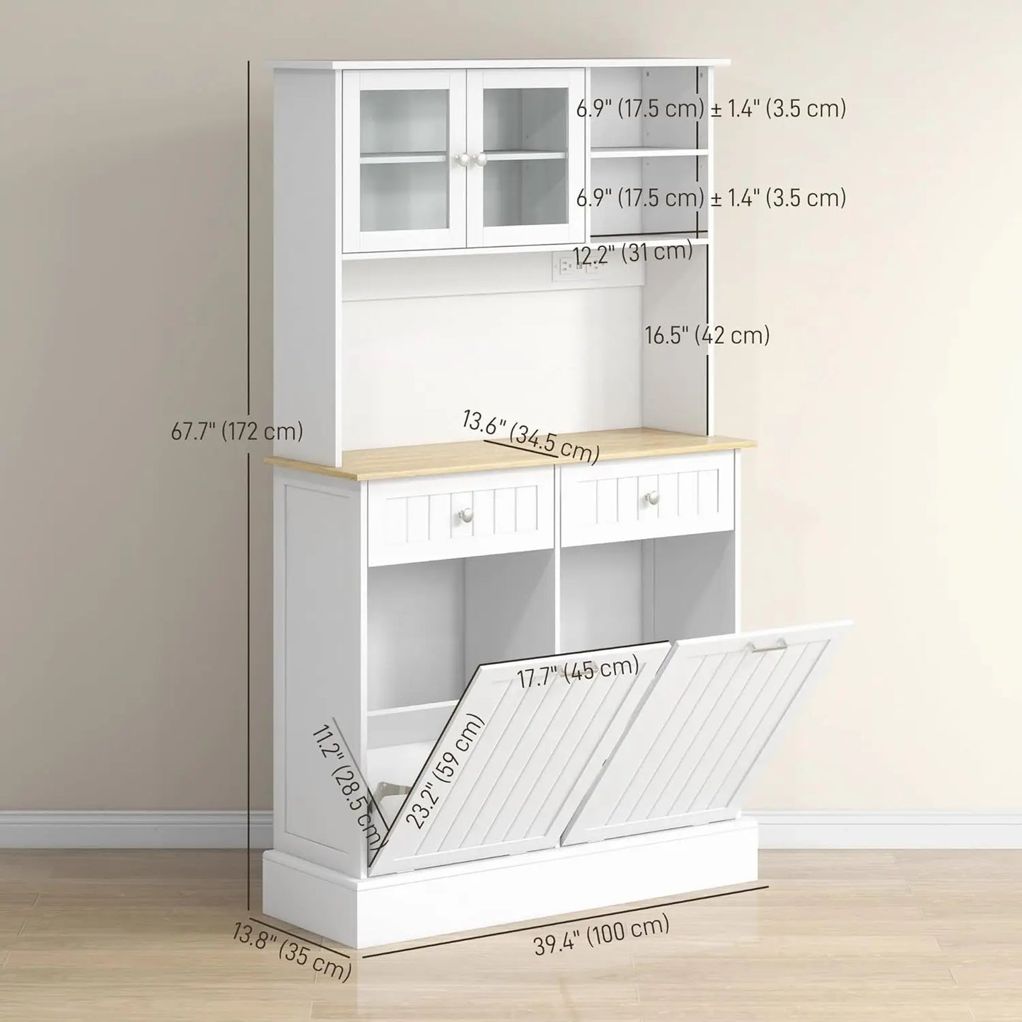 68" Kitchen Pantry Storage Cabinet with Charging Station, 2 Tilt Out 10 Gallon Trash Can Cabinets and Drawers,, Customized by S And B Enterprise