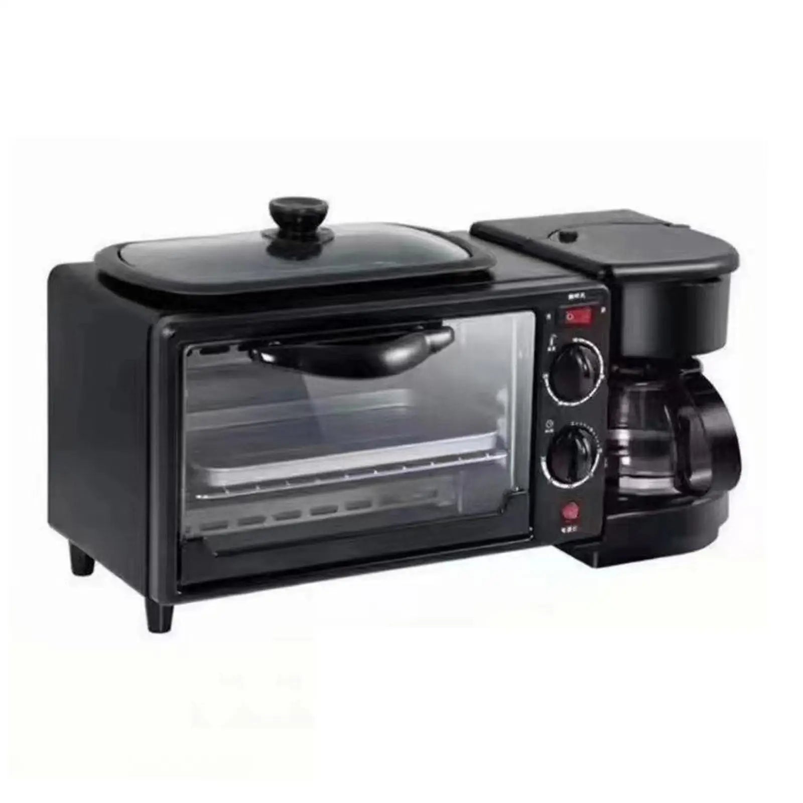 S And B Enterprise black 3-in-1 breakfast maker: toaster oven with glass lid and coffee maker with carafe