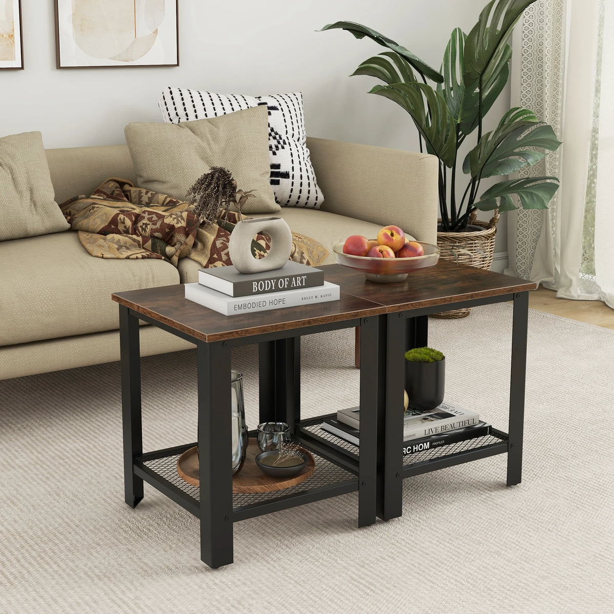 2-piece industrial end table set with 2-tier storage, black metal frame and wood tops