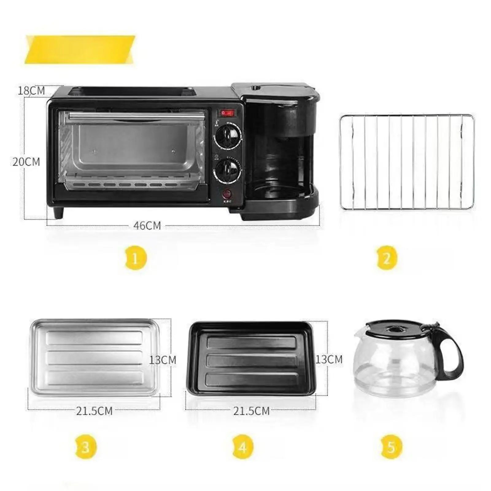 S And B Enterprise 3-in-1 breakfast maker toaster oven with glass lid and timer; includes rack, two trays and kettle
