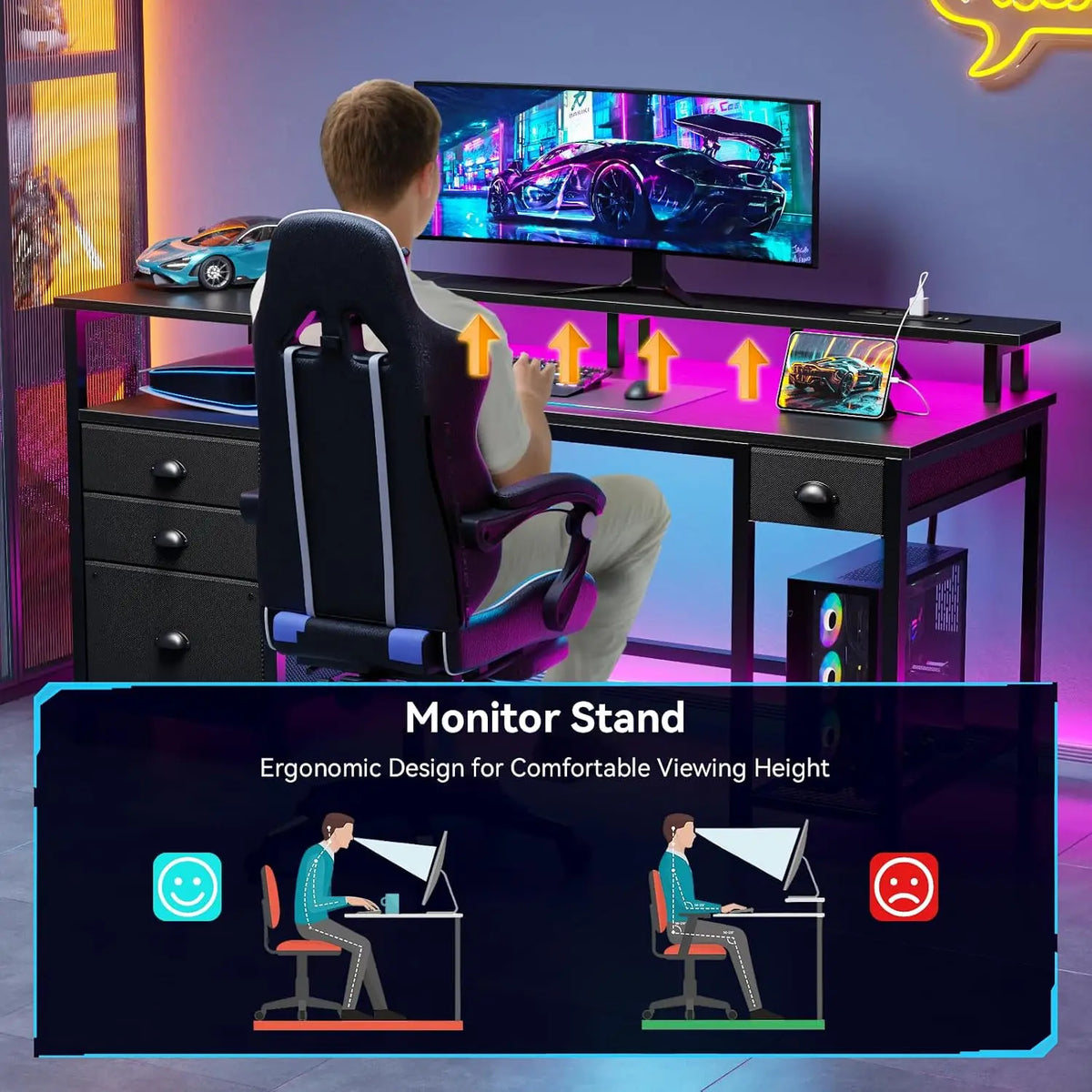 60-inch black computer desk with four drawers and printer space, LED-lit gaming desk for home office