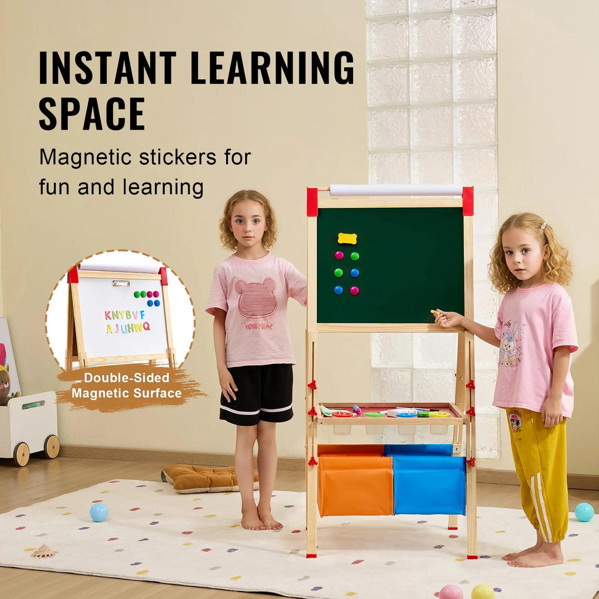 Wooden standing magnetic drawing board easel for kids with colorful magnets and fabric pockets