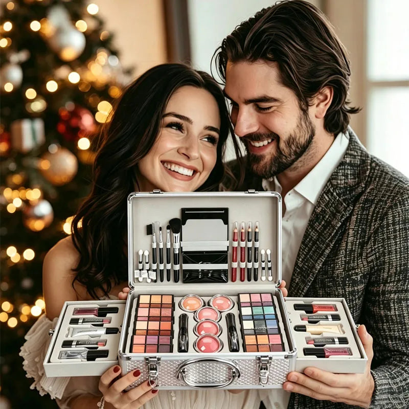 All-In-One Makeup Gift Kit by S And B Enterprise in a silver portable case with brushes, lipsticks and palettes