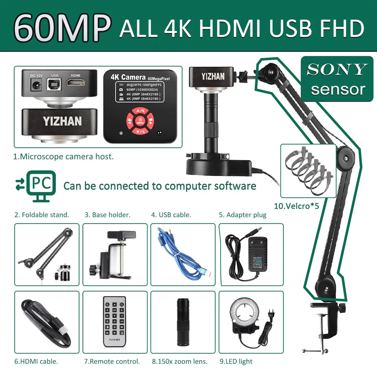 YIZHAN soldering microscope with 4K camera, HDMI/USB outputs, Sony sensor, adjustable stand.