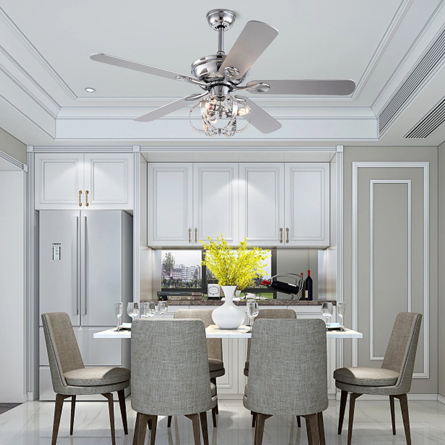 52-inch ceiling fan with light kit by S And B Enterprise; chrome finish, remote included