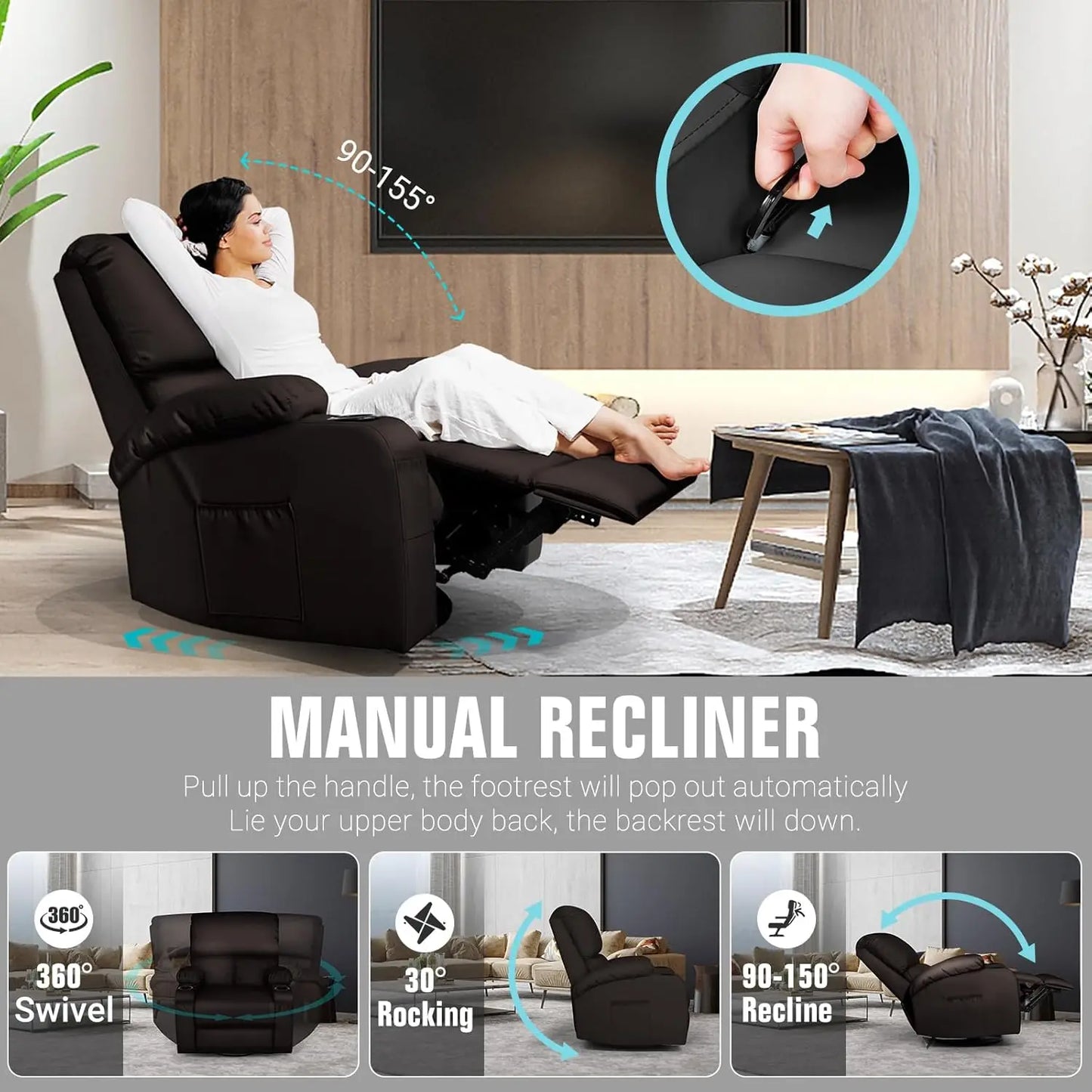 Rocking Recliner Chair With Massage And Heat 360 Swivel by S And B Enterprise