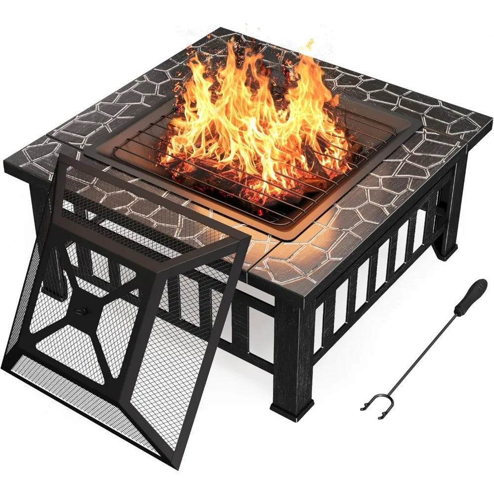 Devoko 32-inch outdoor fire pit table with black metal frame and mosaic stone-top