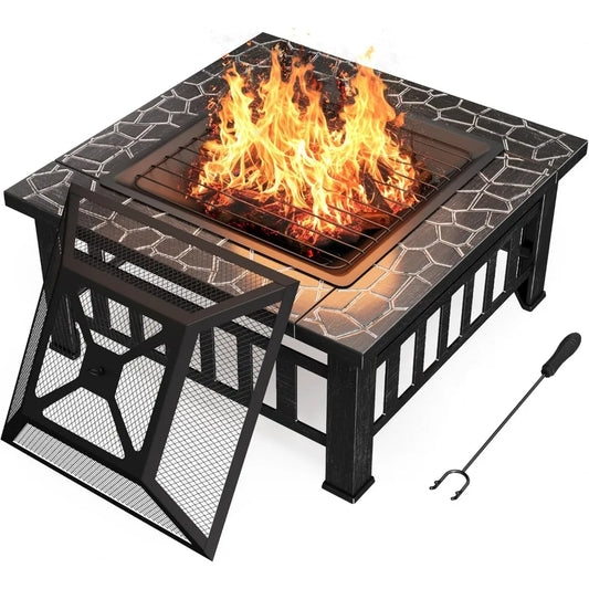 Devoko 32-inch outdoor fire pit table with black metal frame and mosaic stone-top