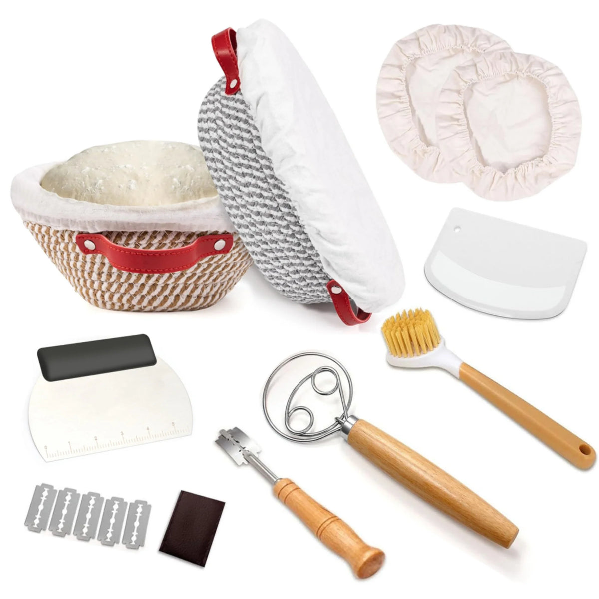 17-piece bread proofing basket set with 9in round and 10in oval bannetons, beige; includes bread lame and dough whisk