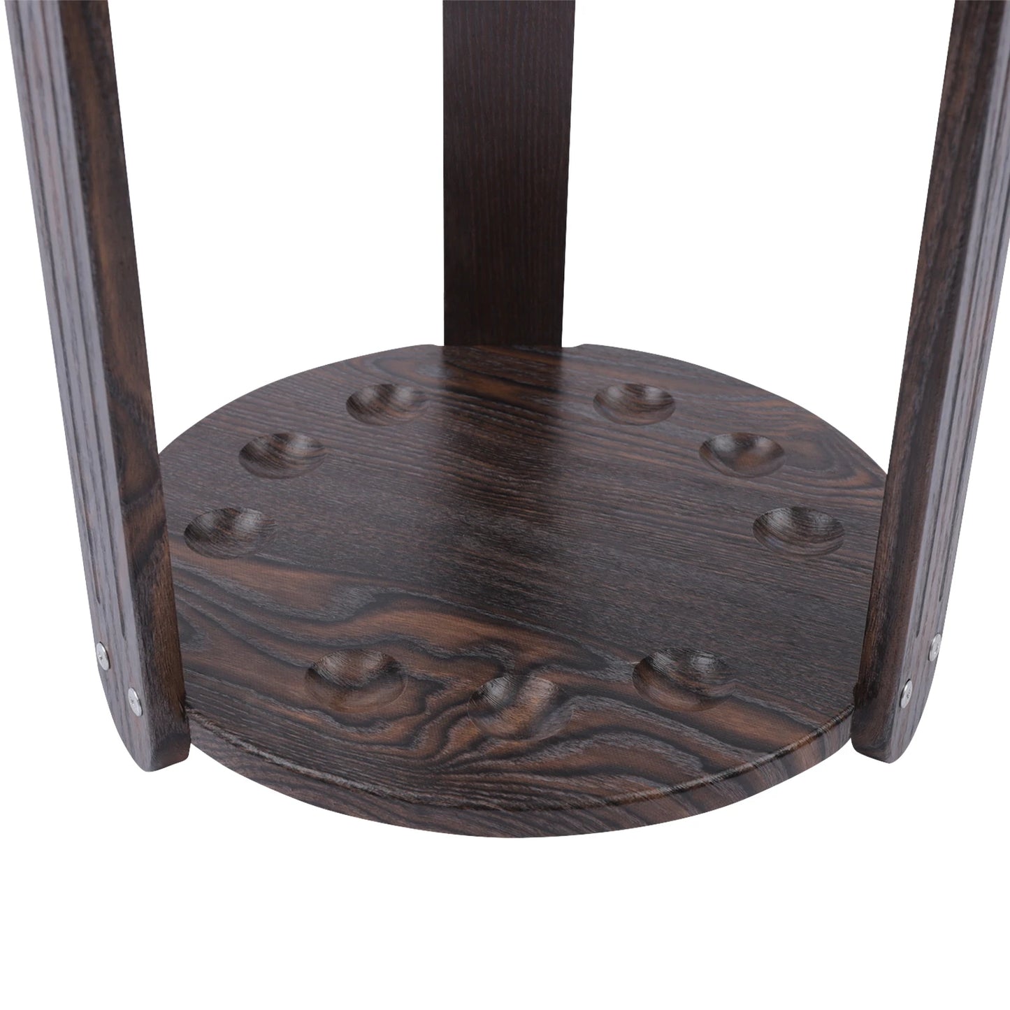 Wood billiard cue rack corner floor stand with a dark brown circular base featuring 9 holes.