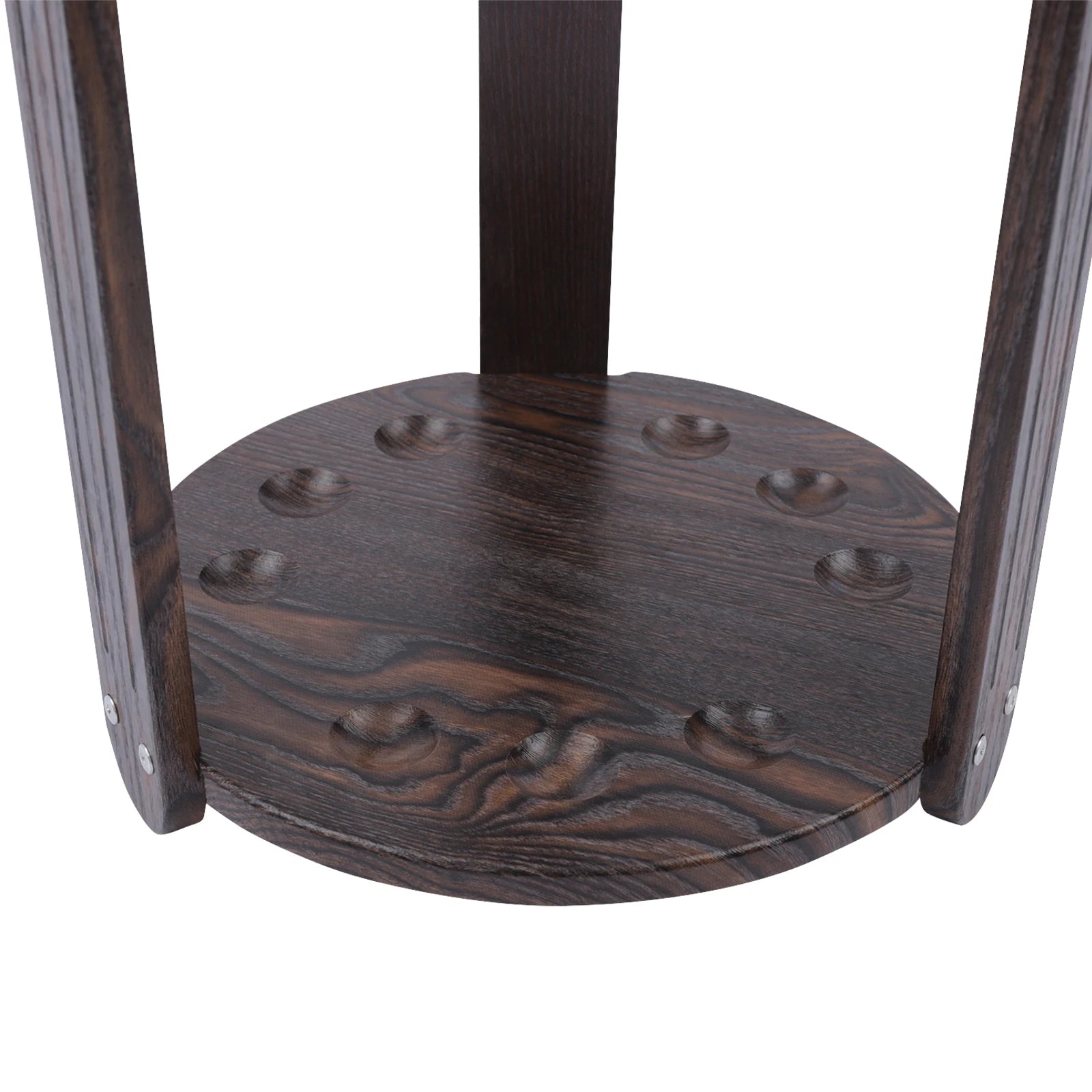 Wood billiard cue rack corner floor stand with a dark brown circular base featuring 9 holes.