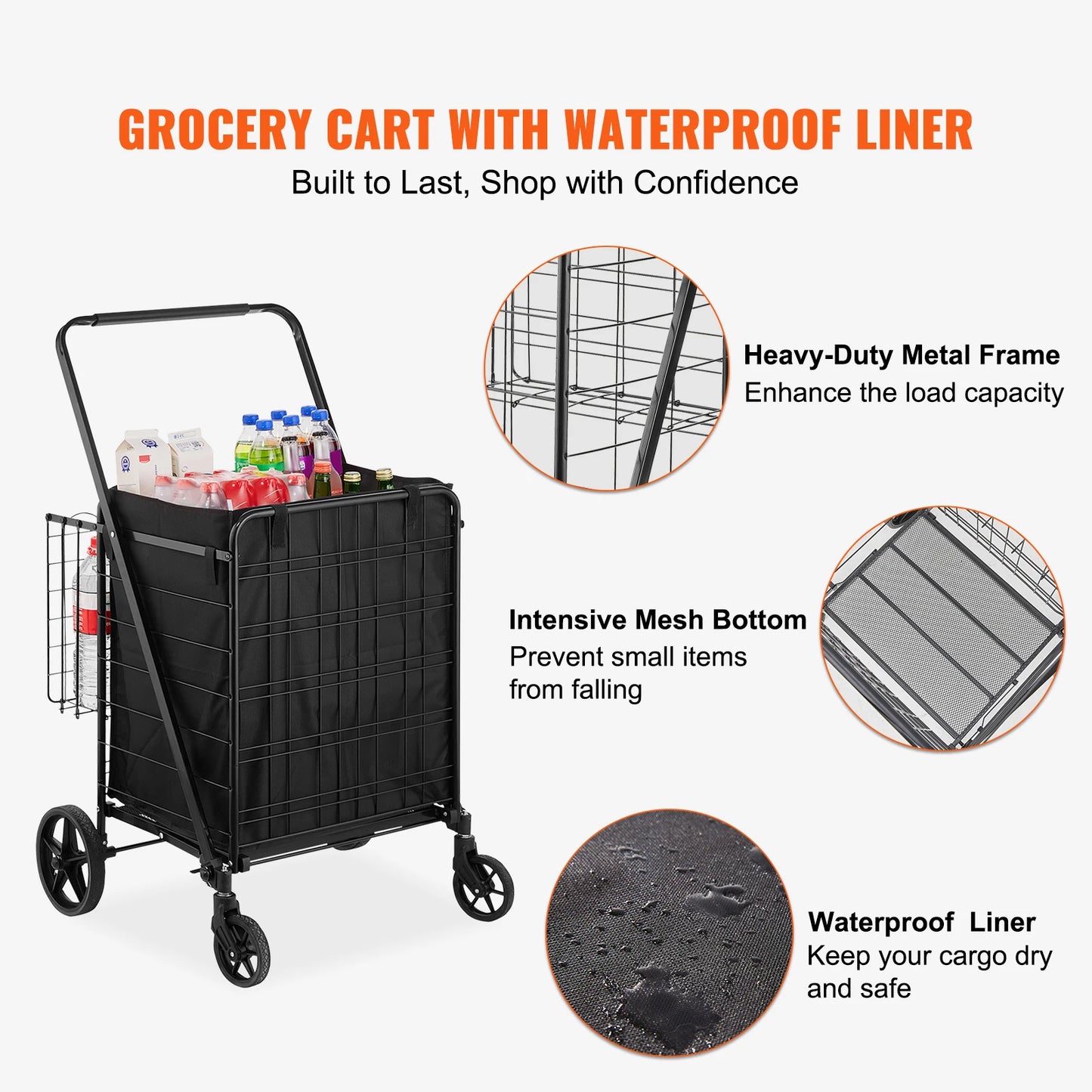 SucceBuy Folding Shopping Cart With Waterproof Liner And 360 Degree Wheels