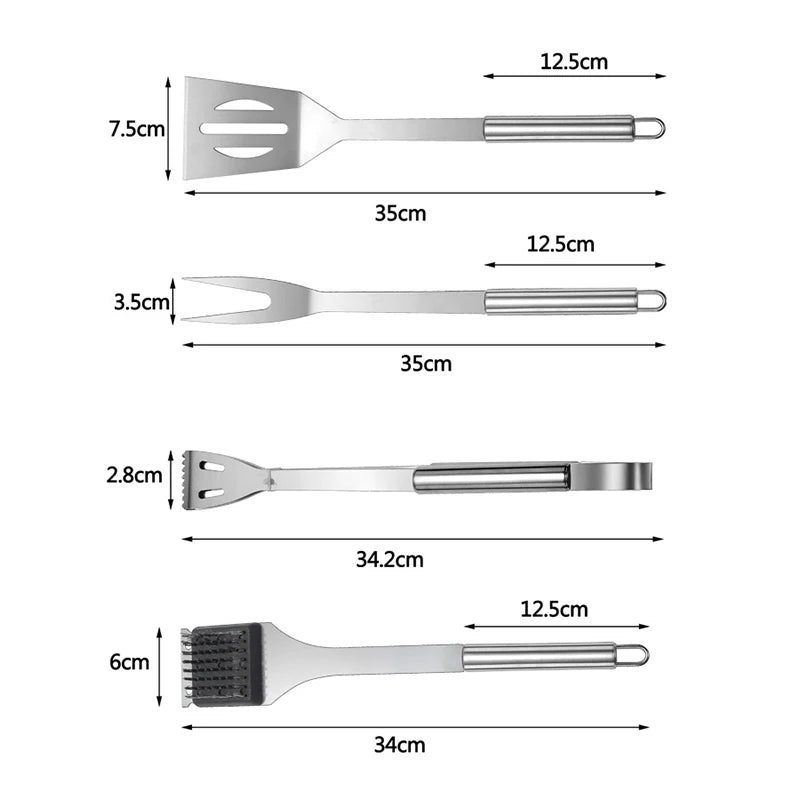 Stainless steel BBQ grill utensil set with four tools: slotted spatula, meat fork, small spatula, and brush.