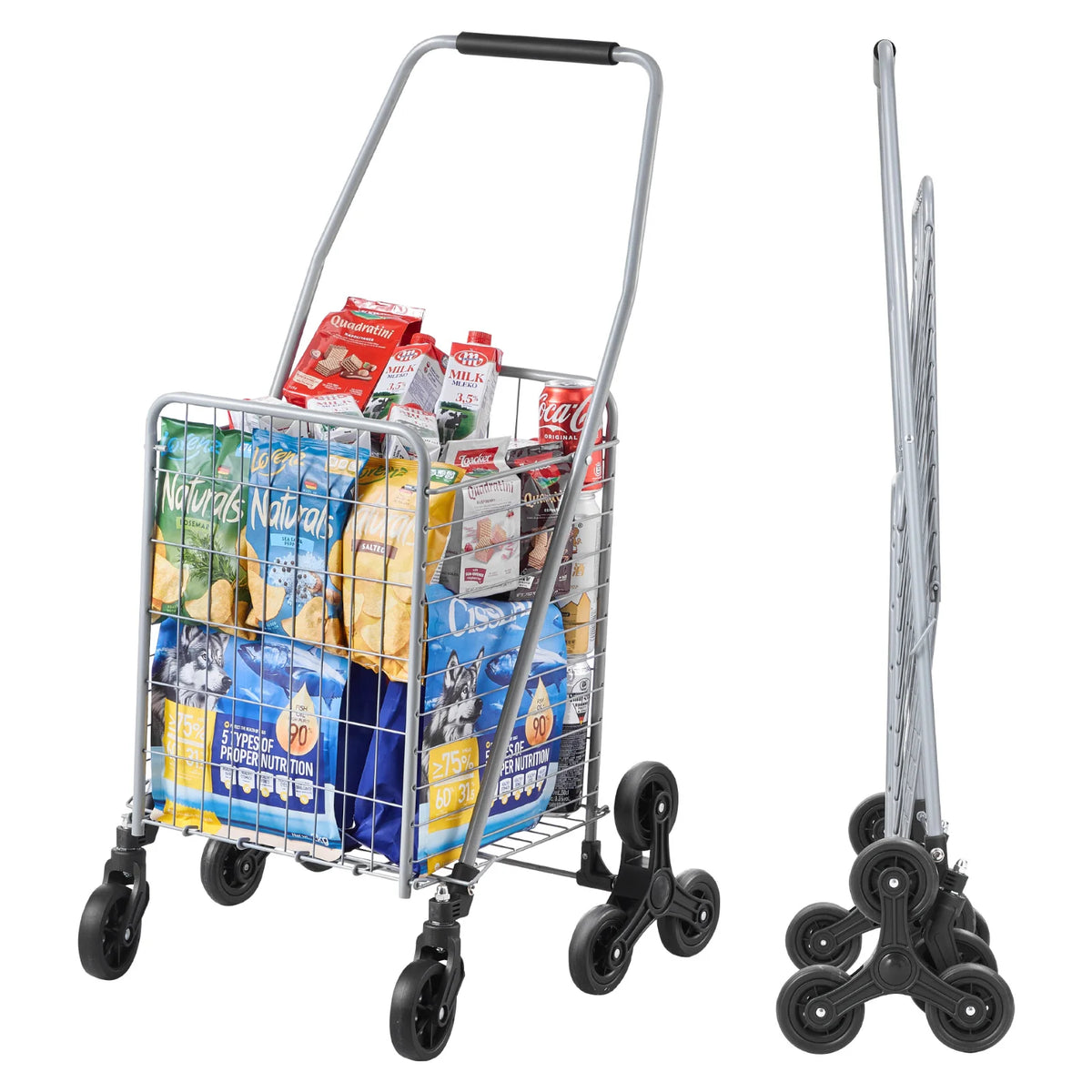 Folding shopping cart with groceries in a silver wire basket; folded cart shown beside