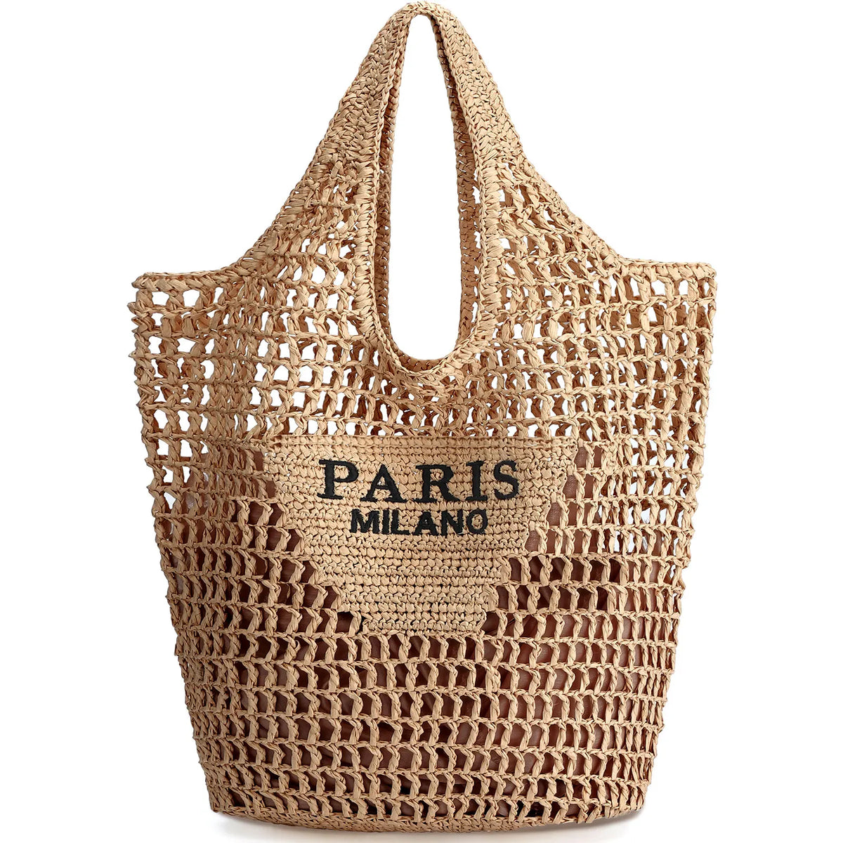 Straw woven beach tote bag with shoulder handles; natural beige color and Paris Milano branding.