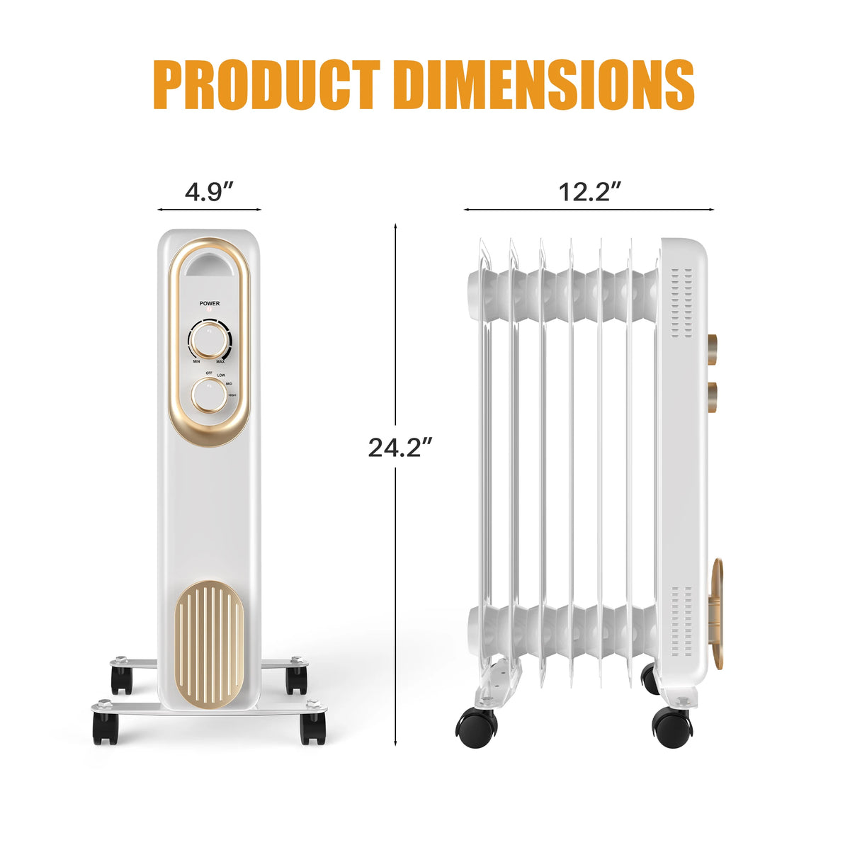 JHK 1500W oil-filled radiator space heater, white, portable indoor heater with control panel and wheels
