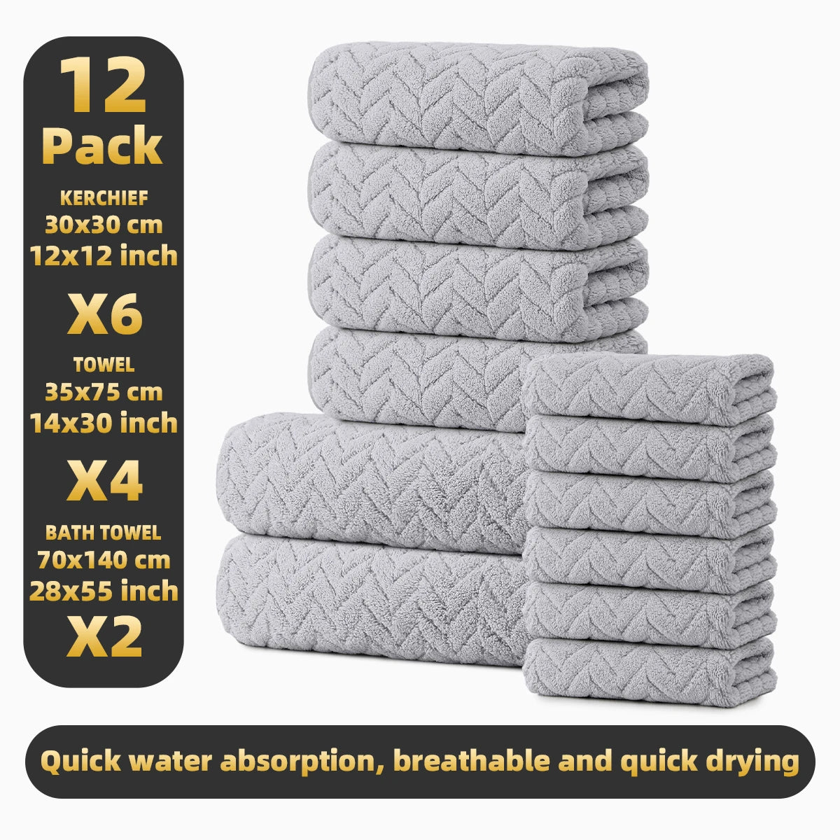 S And B Enterprise 12-piece towel set in soft gray chevron towels; includes 2 bath, 4 hand, and 6 face towels.