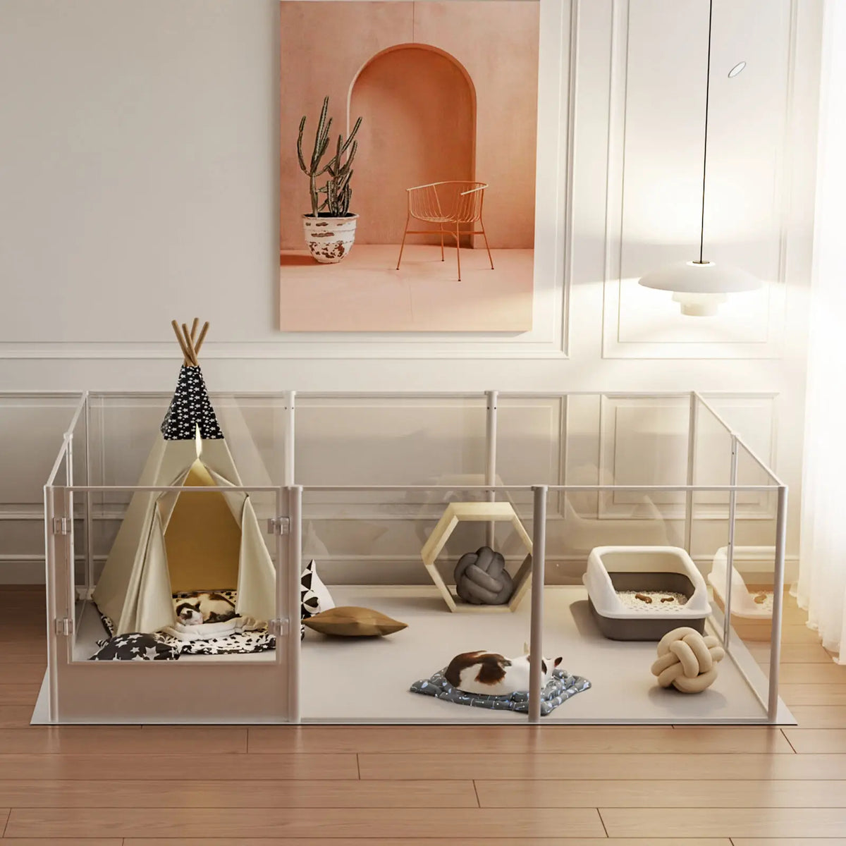 Clear acrylic pet playpen with grey frame in a bright room, featuring small-pet beds and tents.