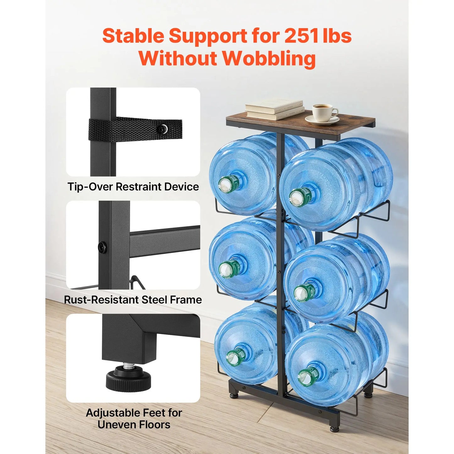 Water Jug Holder, 4 Tiers Double Rows 3 and 5 Gallon Water Bottle Holder for 6 Bottles, Heavy Duty Jug Rack Organizer with Handles, Foldable for Kitchen, Office, Living Room, Black and Brown