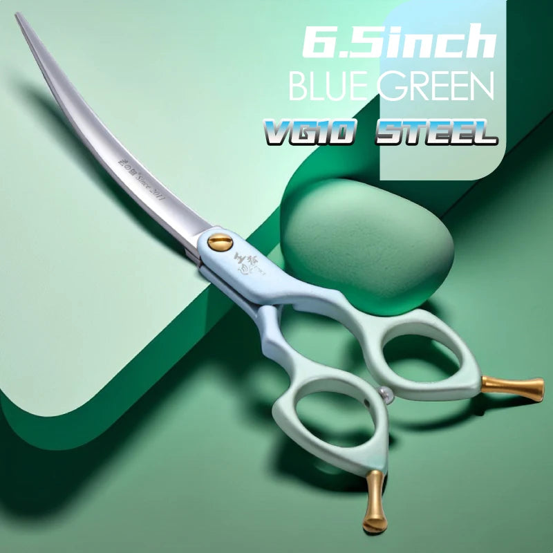 Fenice professional curved grooming scissors, VG10 steel, blue-green 6.5 inch for dogs and cats