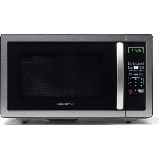 Farberware countertop microwave oven in stainless steel, 1.1 cu ft, 1000W with digital control panel.