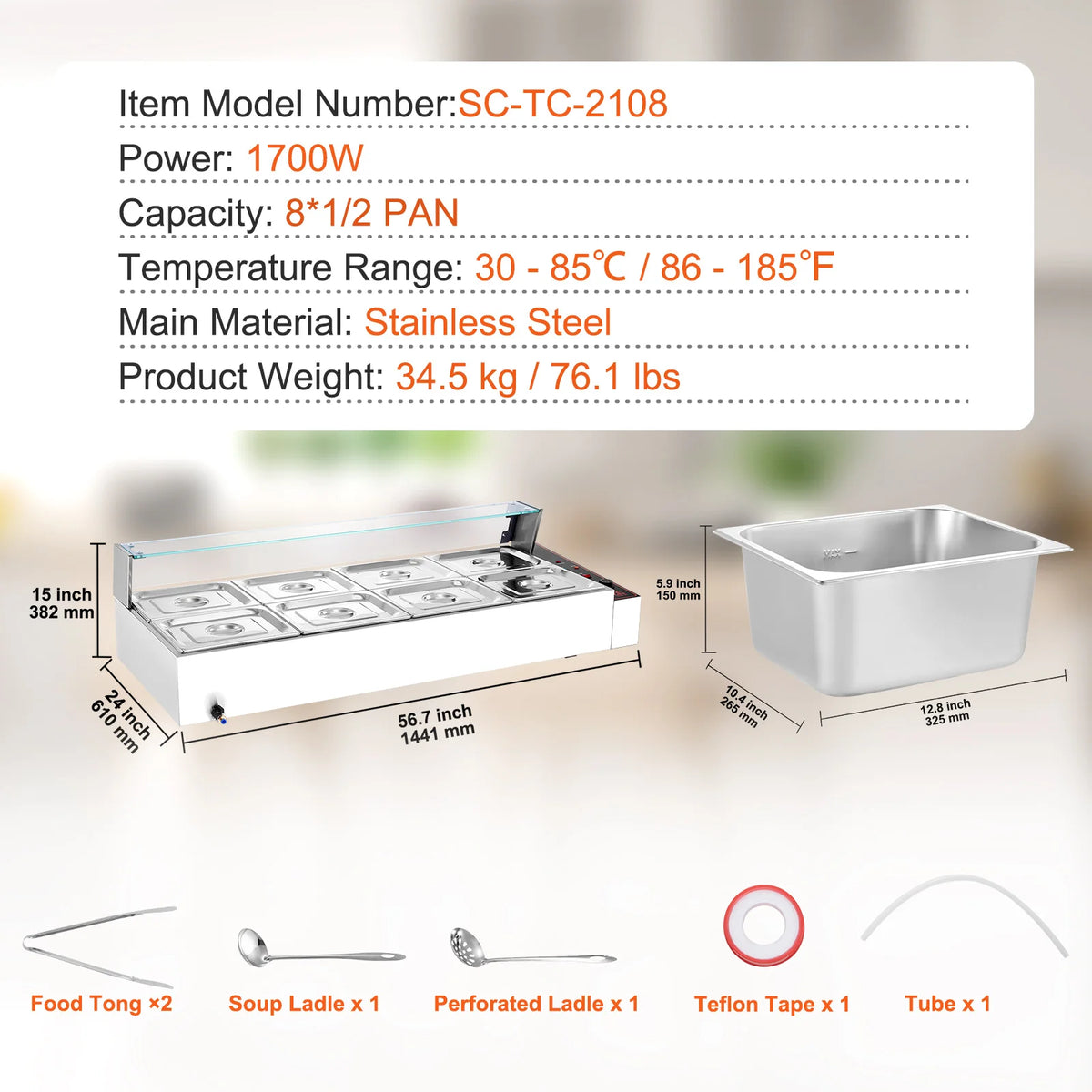 Commercial food warmer steam table in stainless steel with glass cover and 8 half-pan capacity by S And B Enterprise